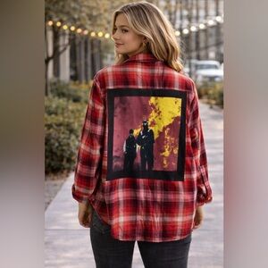 Custom Twenty One Pilots CLANCY Graphic Tee On Red Old Navy Flannel Shirt Sz LP